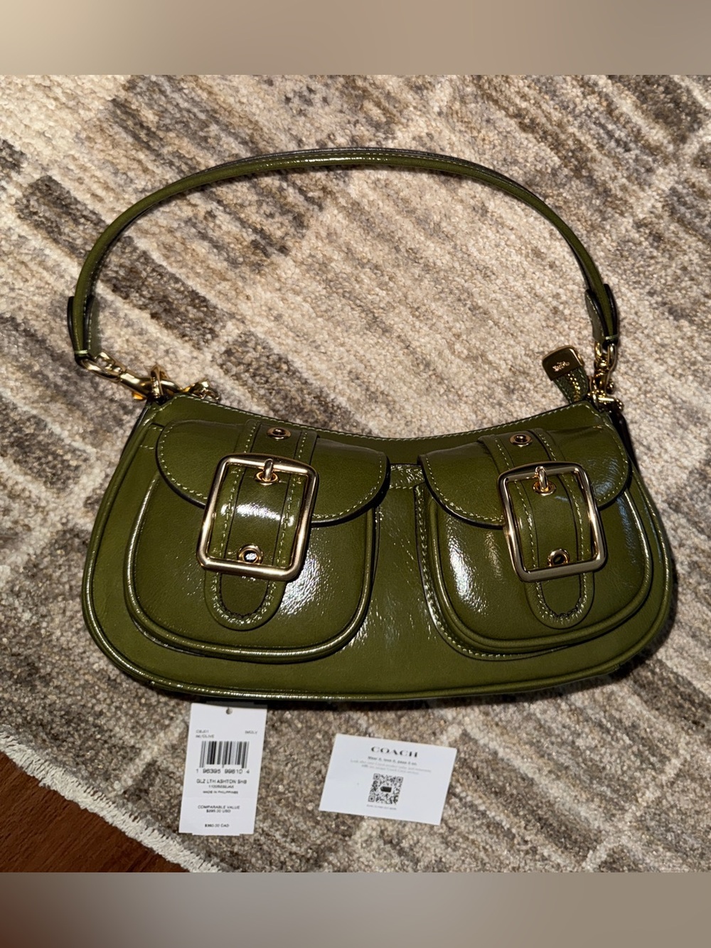 Coach Olive Green Ashton Patent Leather Shoulder Bag